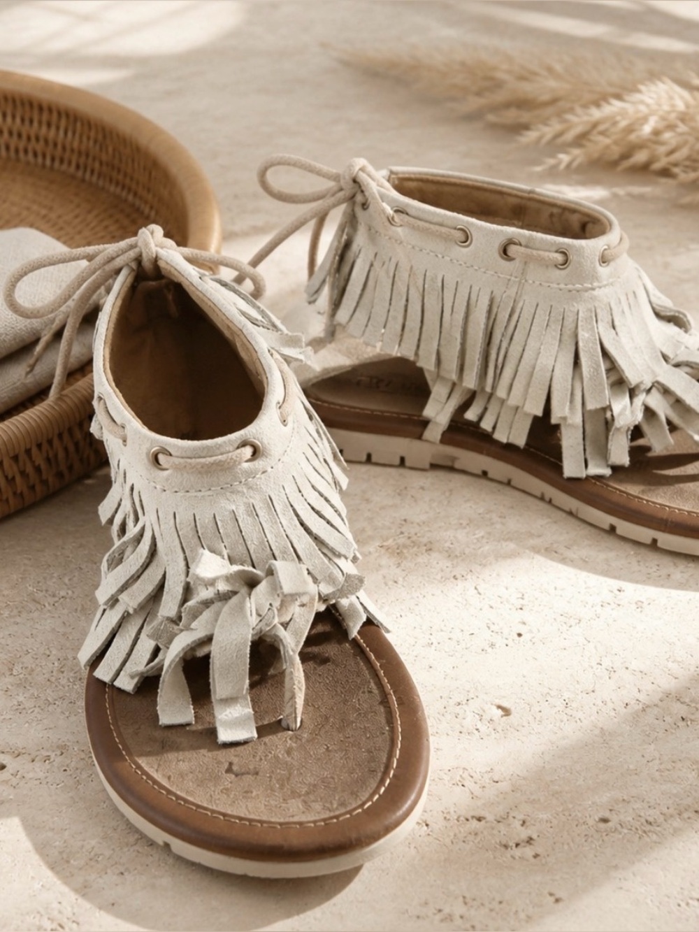 Caterpillar Tan and Brown Fringe Sandals